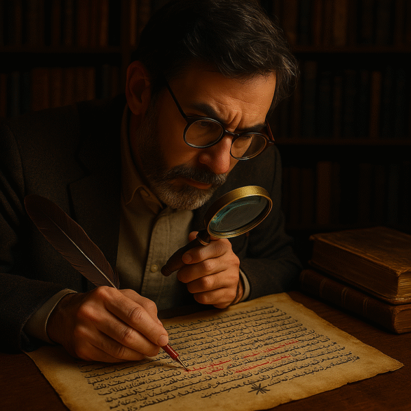 عالم متخصّص يجلس أما